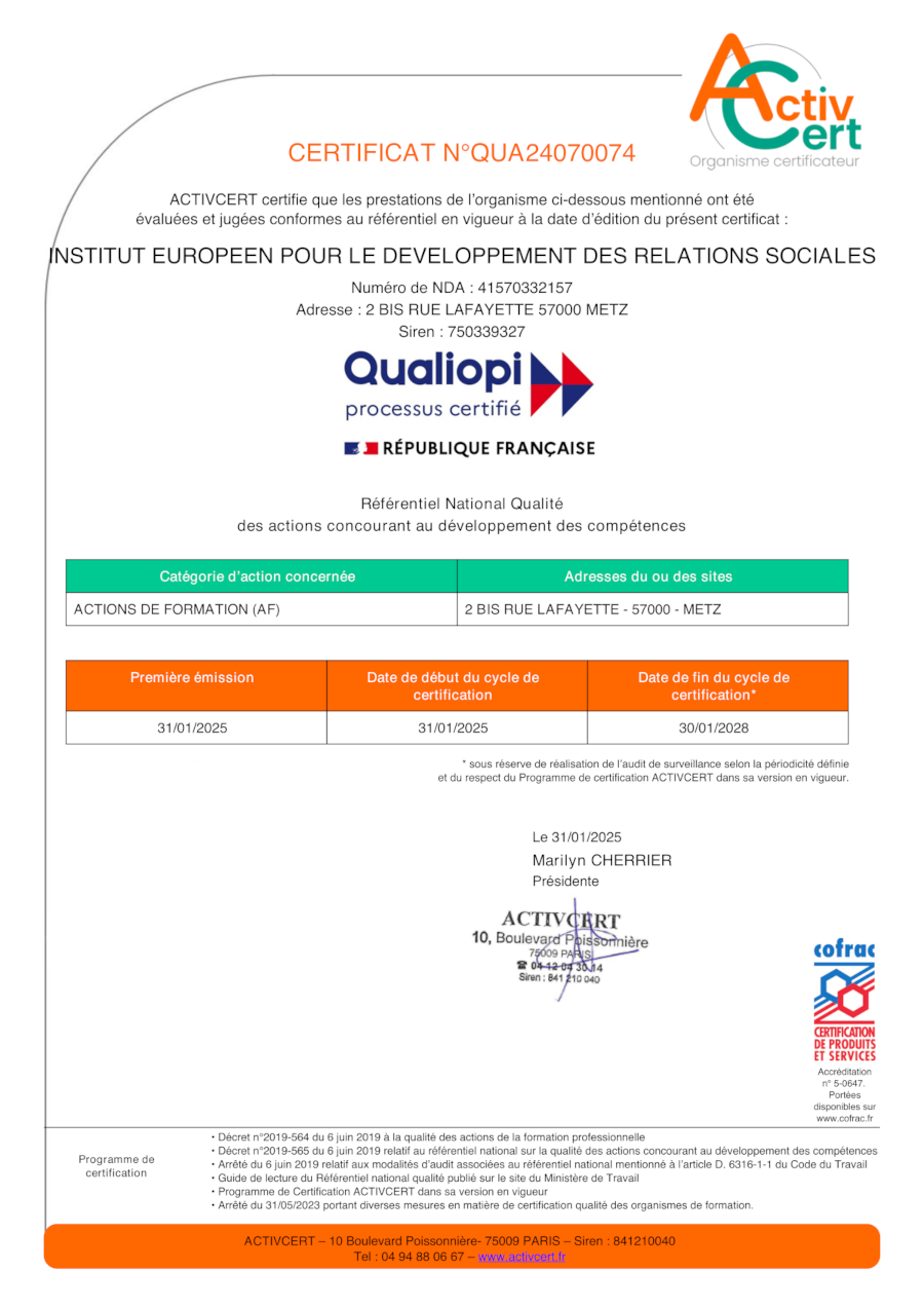 Certificat QUALIOPI n°QUA24070074 - IERDS_r Certificat QUALIOPI
